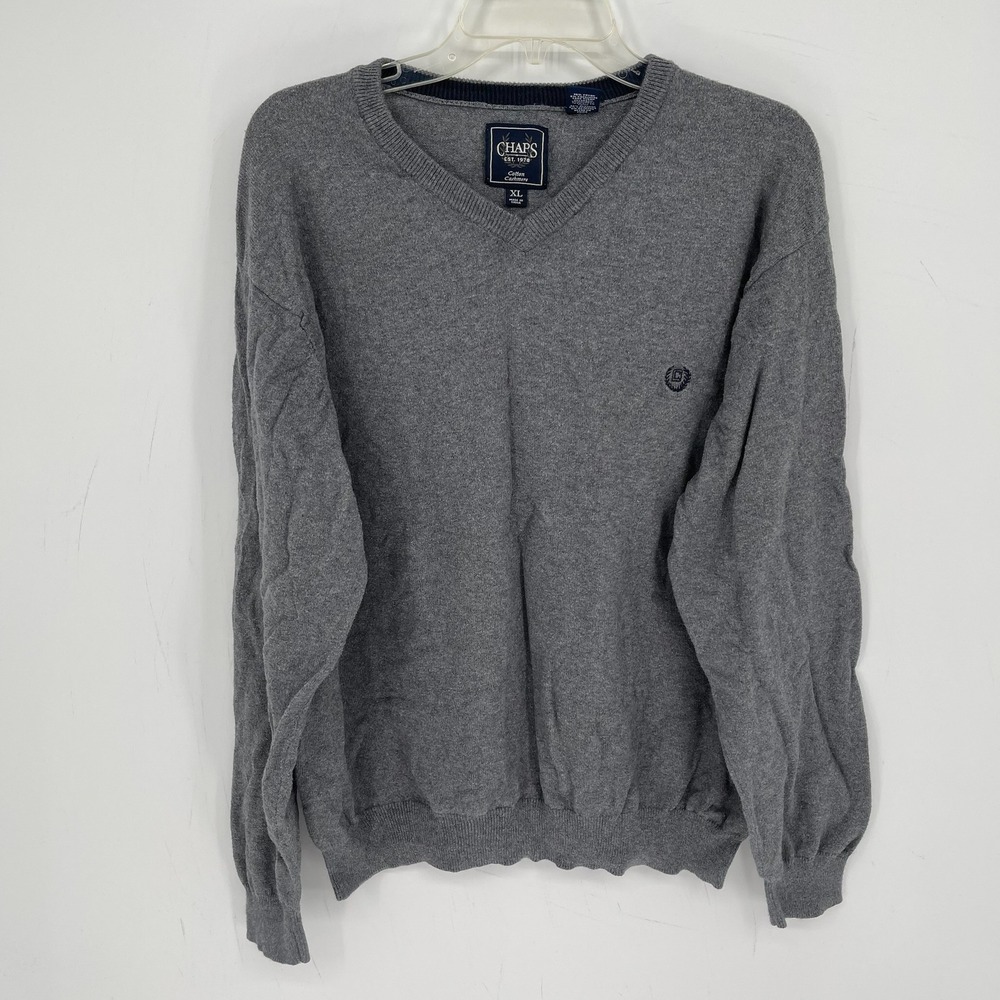 Chaps Men's Gray Cotton Cashmere V-Neck Embroidered Logo Preppy Sweater Size XL